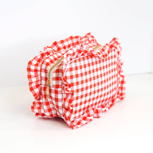 Load image into Gallery viewer, Gingham Ruffle Zipper Pouch Embroidery Friendly Cosmetic Bag