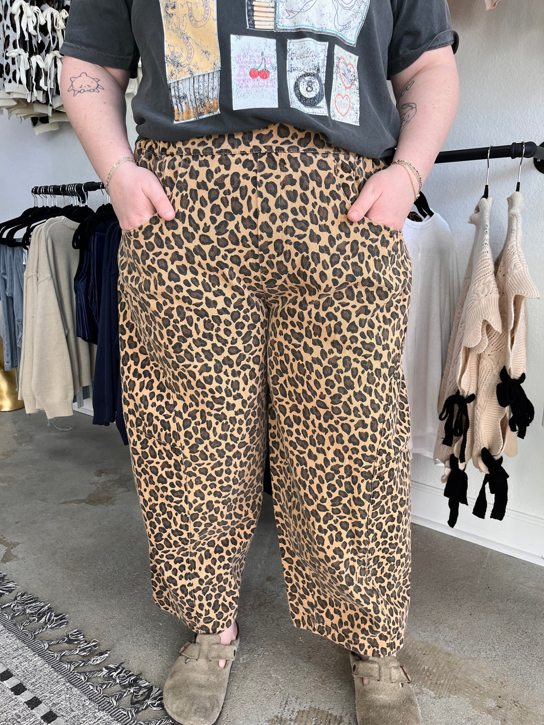 Washed Leopard Mid Rise Barrel Pants