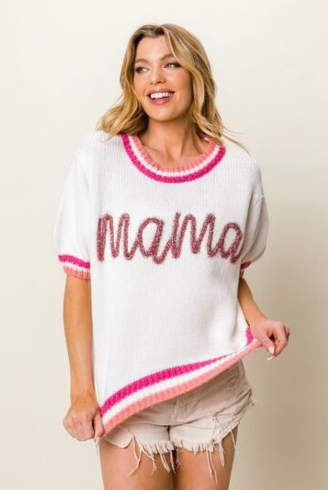 Mama Contrast Trim Short Sleeve Sweater