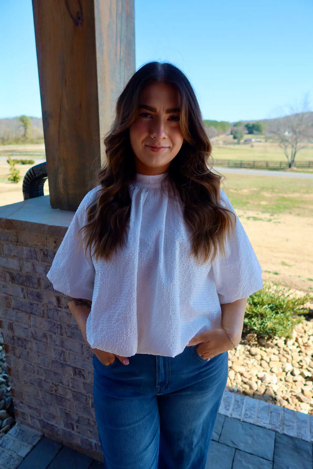 Woven Back Bow Balloon Top