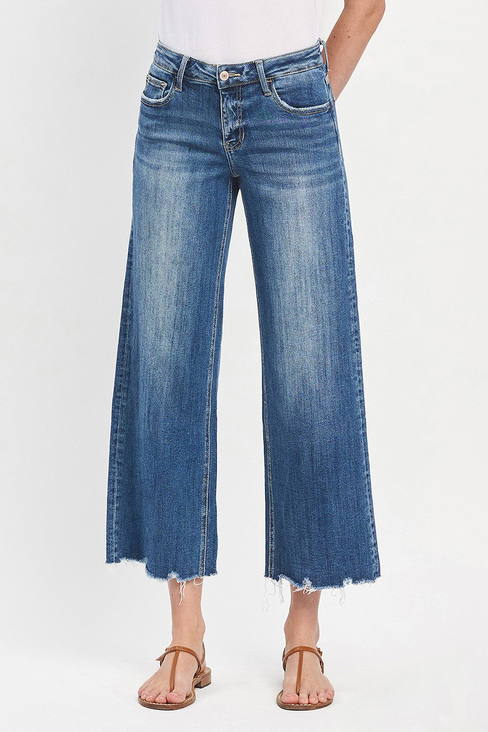 Mid Rise Raw Hem Wide Jeans