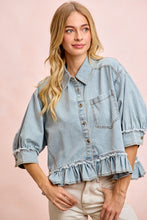 Load image into Gallery viewer, Denim Ruffled Hem Button Up
