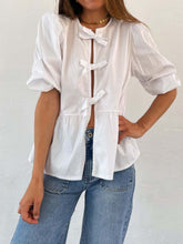 Load image into Gallery viewer, Tied Round Neck Balloon Sleeve Shirt
