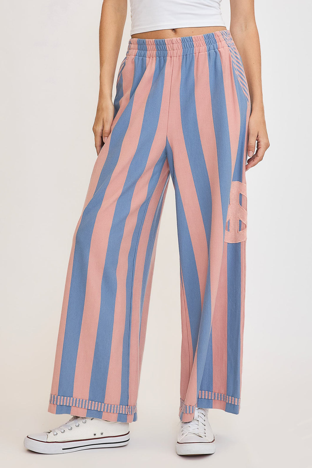 Umgee Peace Sign Patch Striped Wide Leg Pants