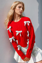 Load image into Gallery viewer, Double Take Full Size Bow Cable-Knit Round Neck Sweater
