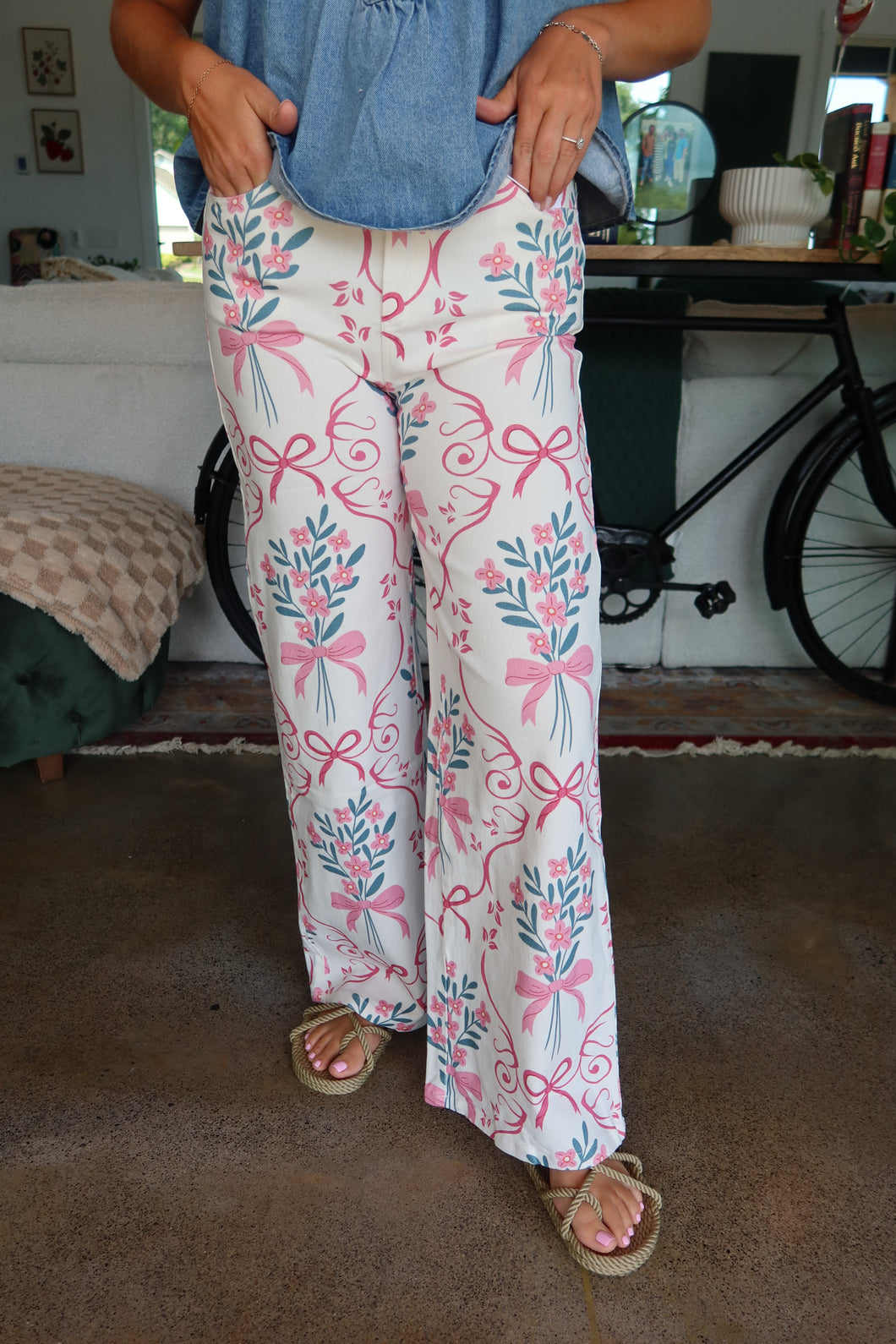 Flower & Bow Print Wide Leg Jeans
