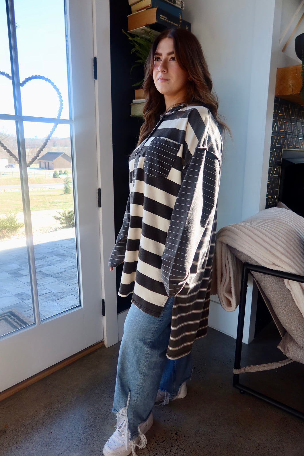 Long Sleeve Hooded Striped Shirt