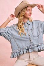 Load image into Gallery viewer, Denim Ruffled Hem Button Up
