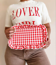 Load image into Gallery viewer, Gingham Ruffle Zipper Pouch Embroidery Friendly Cosmetic Bag
