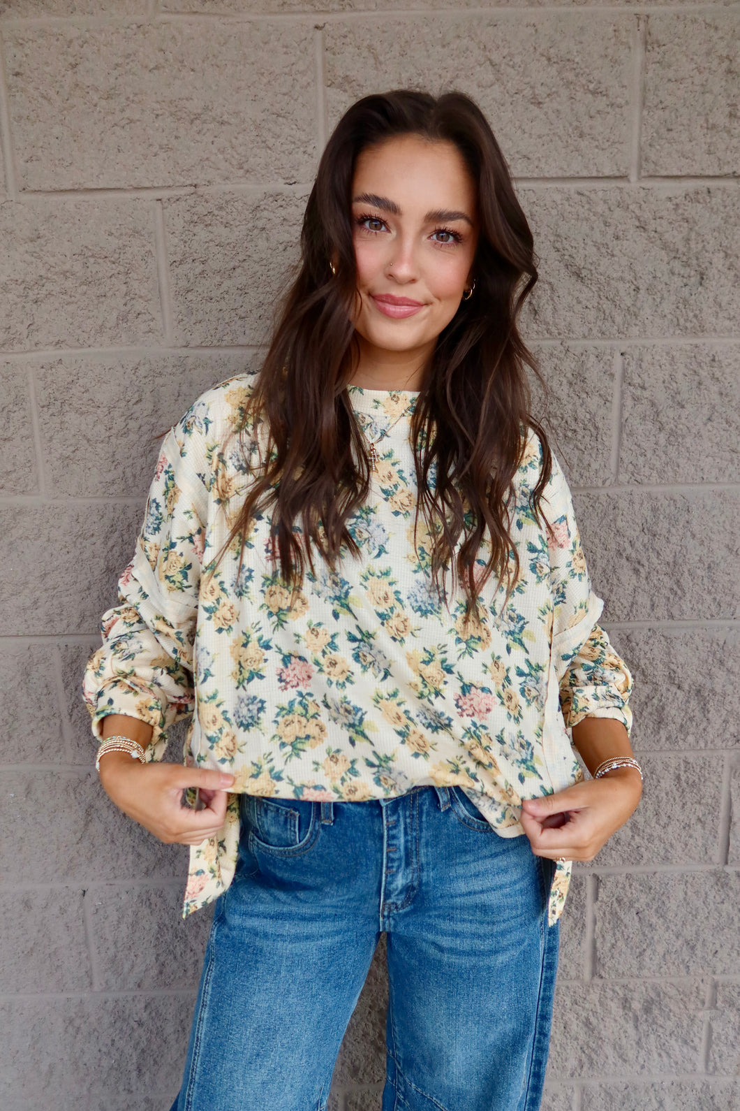 Waffle Floral Pattern Loose Fit Top