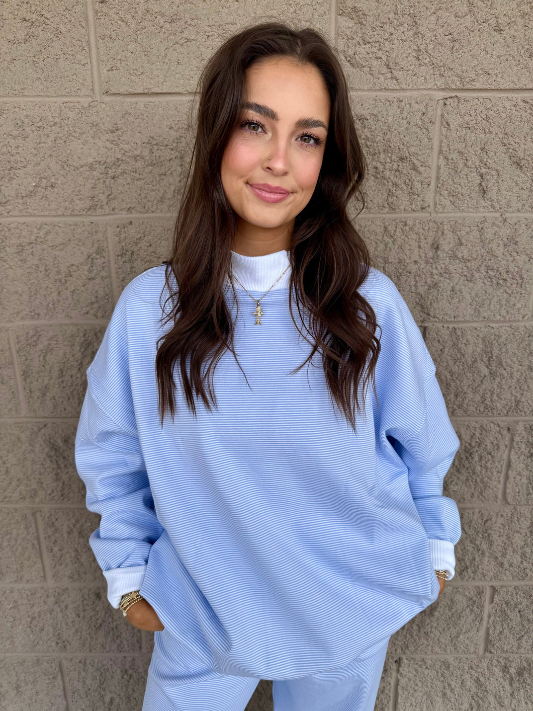 Blue Mini Stripe Mock-neck