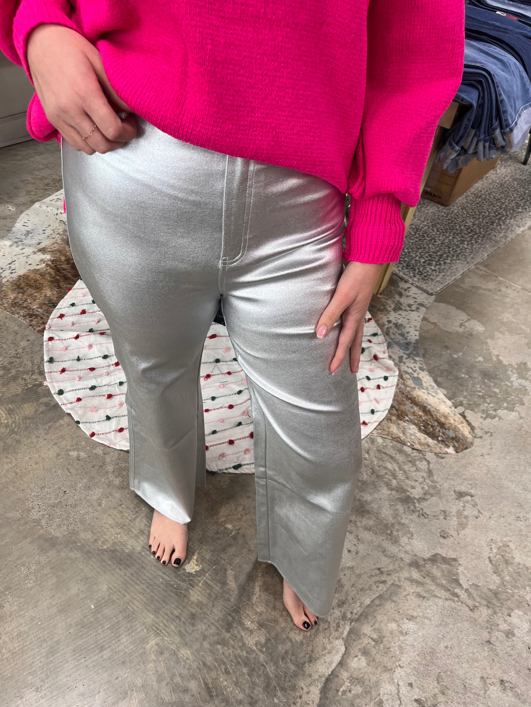 Metallic Silver Wide Leg Jean