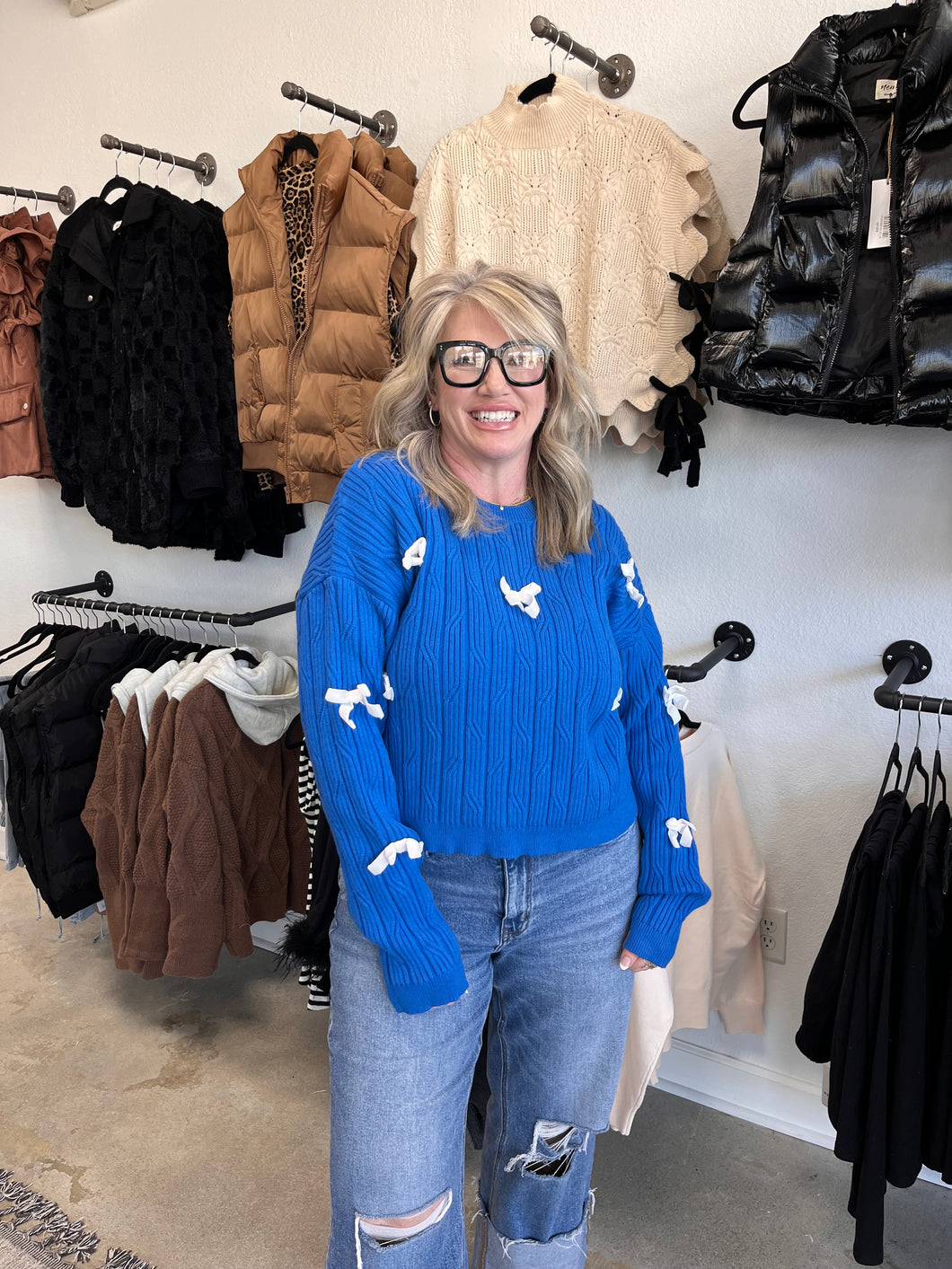 Double Take Full Size Bow Cable-Knit Round Neck Sweater