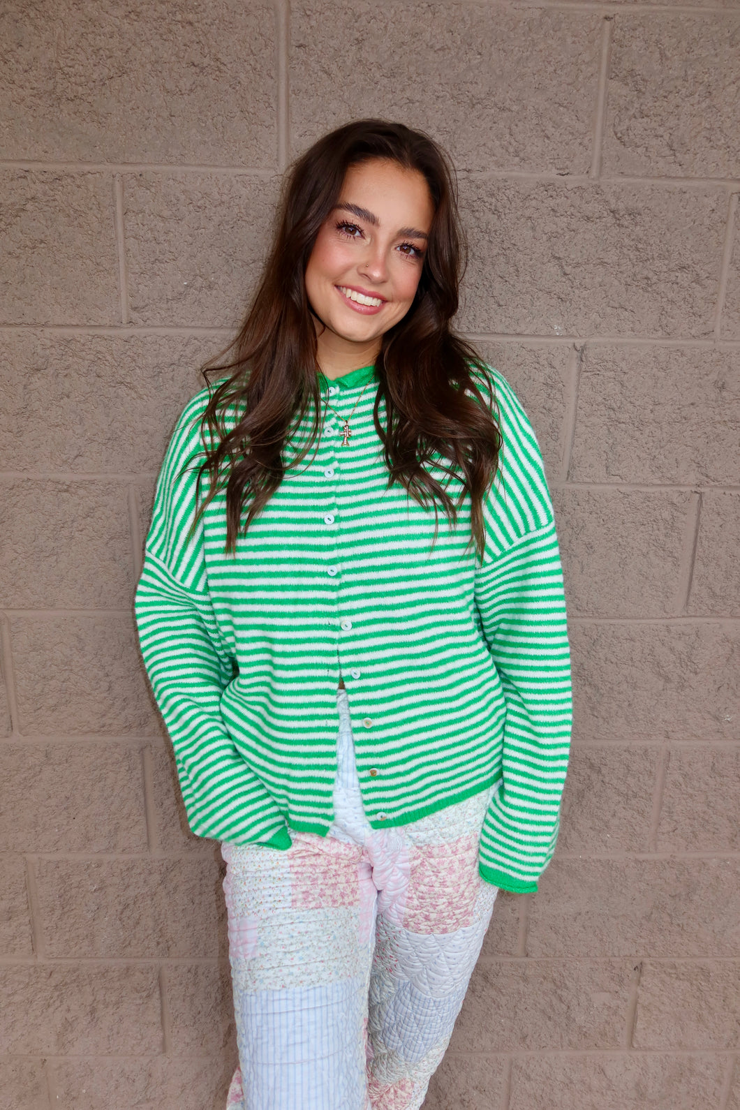 Mini Stripe Cardigan (Green & White)