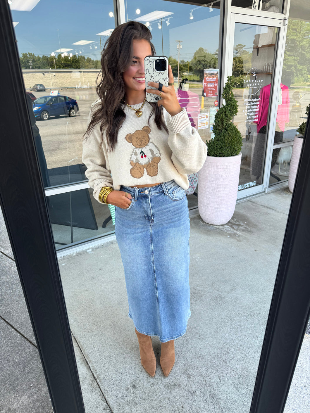 Crew Neck Teddy Bear Cherry Sweater