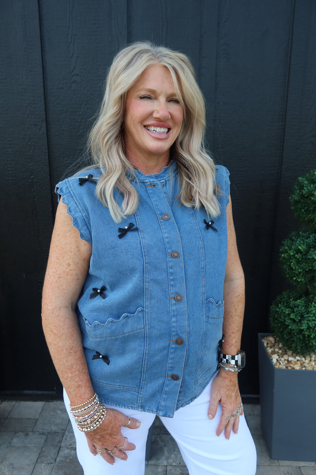 Acid Wash Denim Vest with Scalloped Edges and Bows