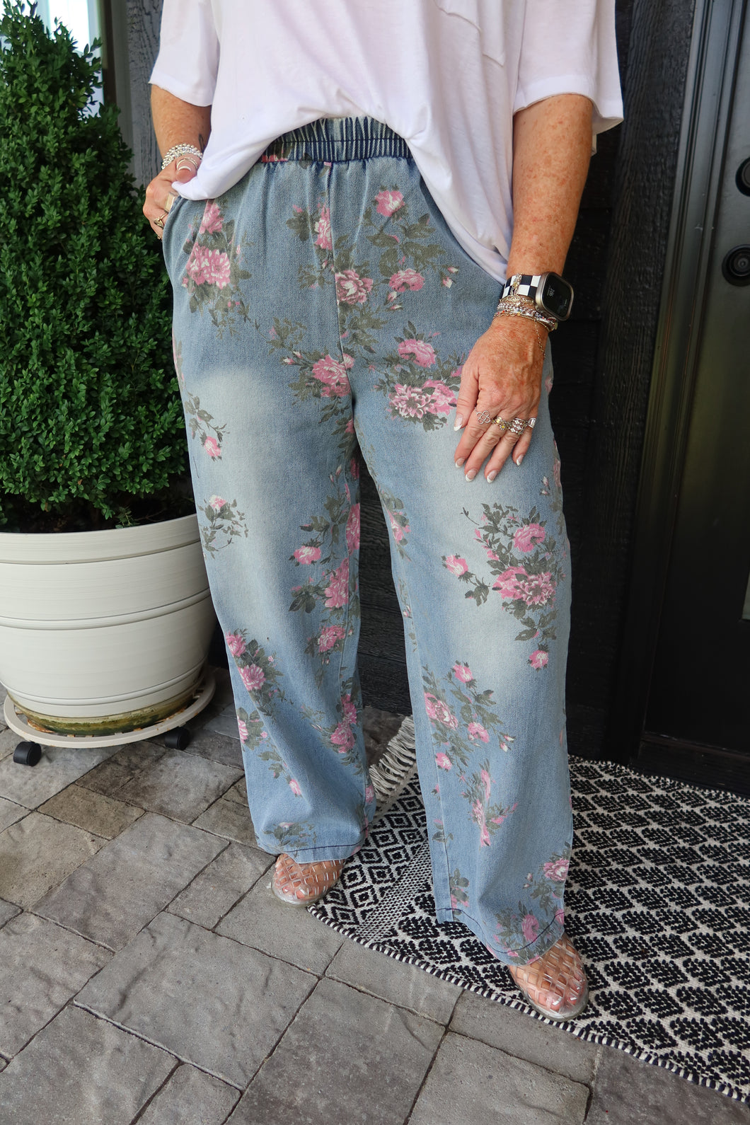 Plus Flower Printed Denim Pants