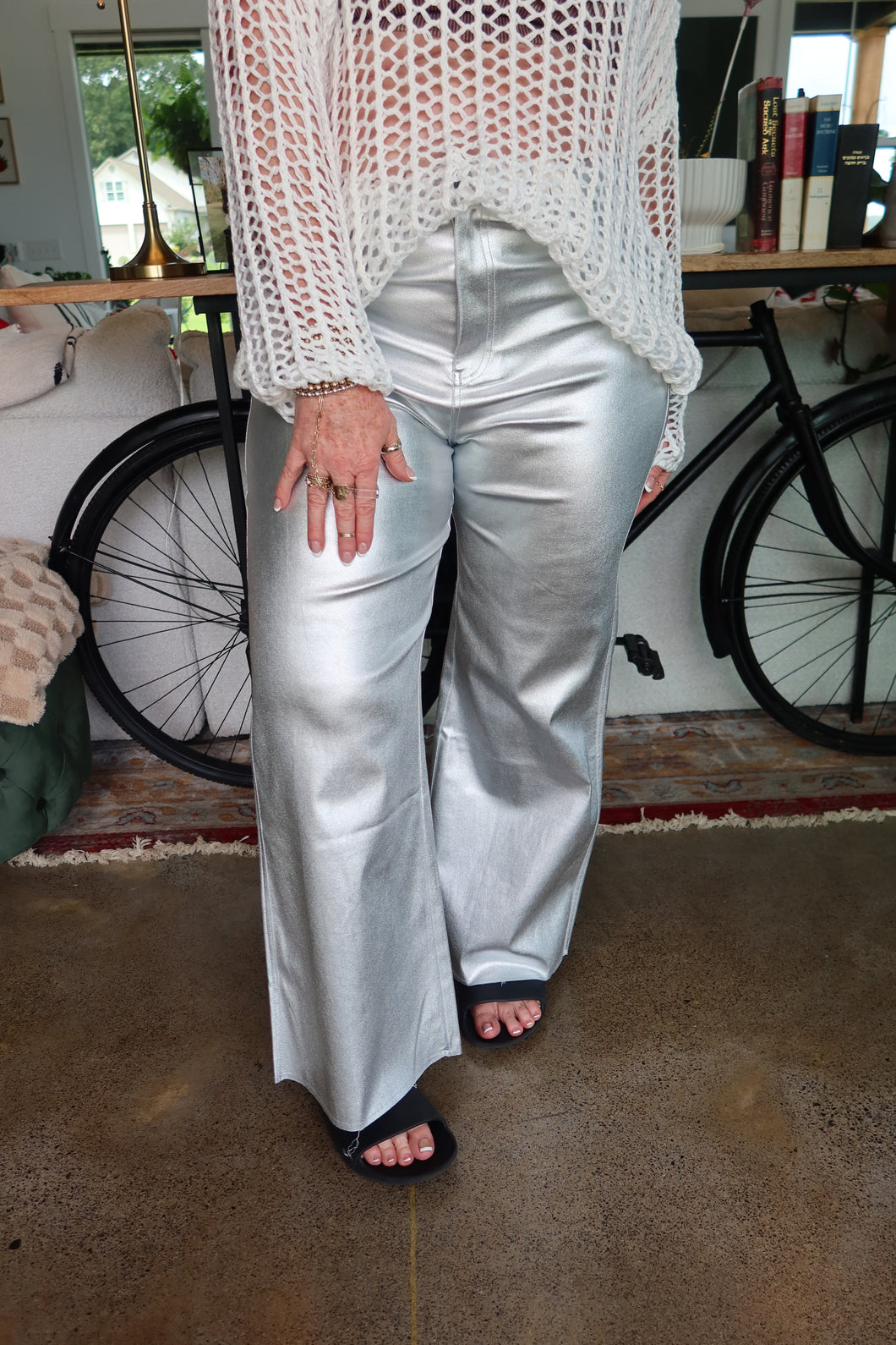 Metallic Silver Wide Leg Jean
