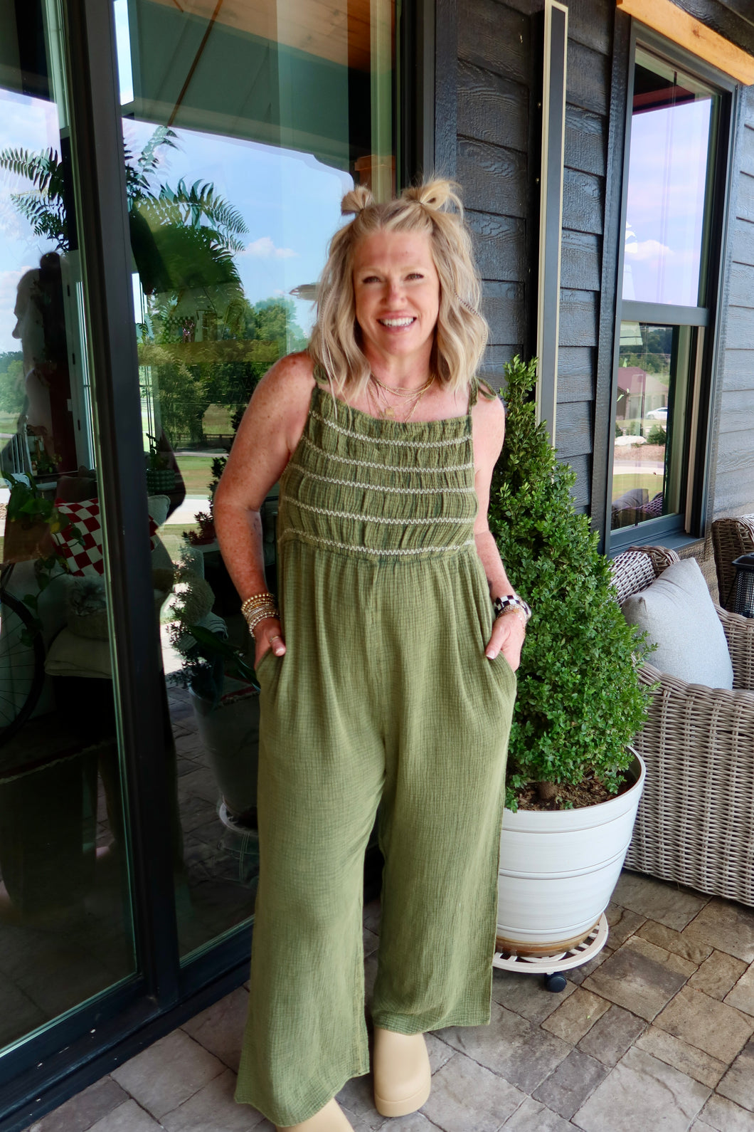 (Plus) Garment Washed Multi Smocked Straps Jumpsuit