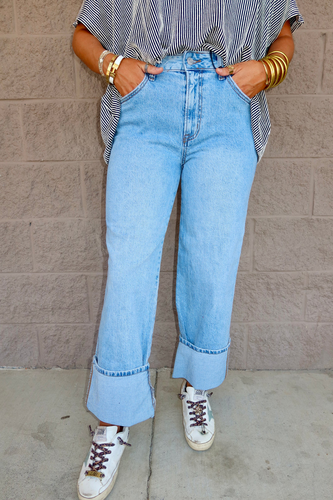 High Rise Cuffed Wide Leg Denim