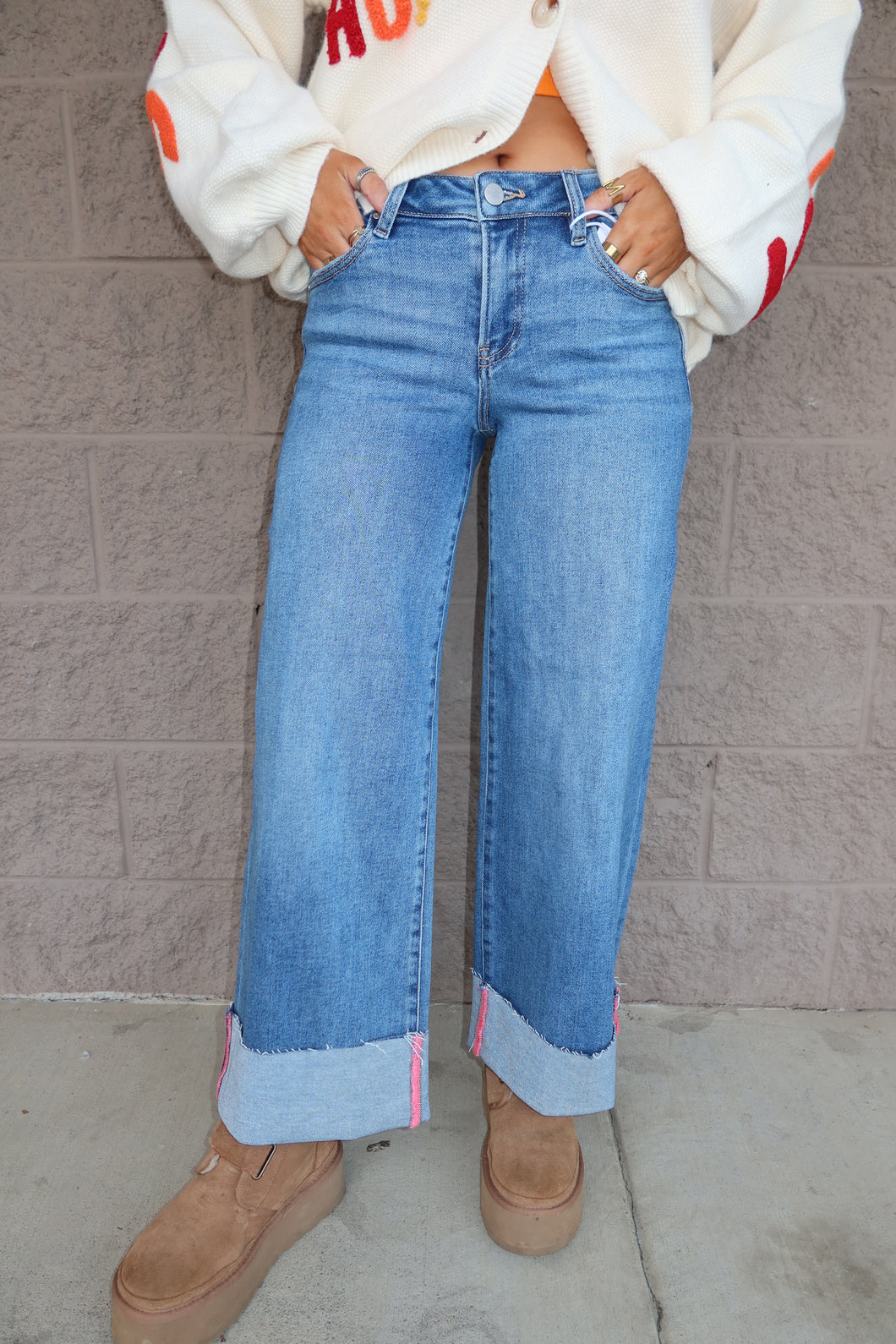 Mid Rise Crop Wide Leg Cuffed Jeans
