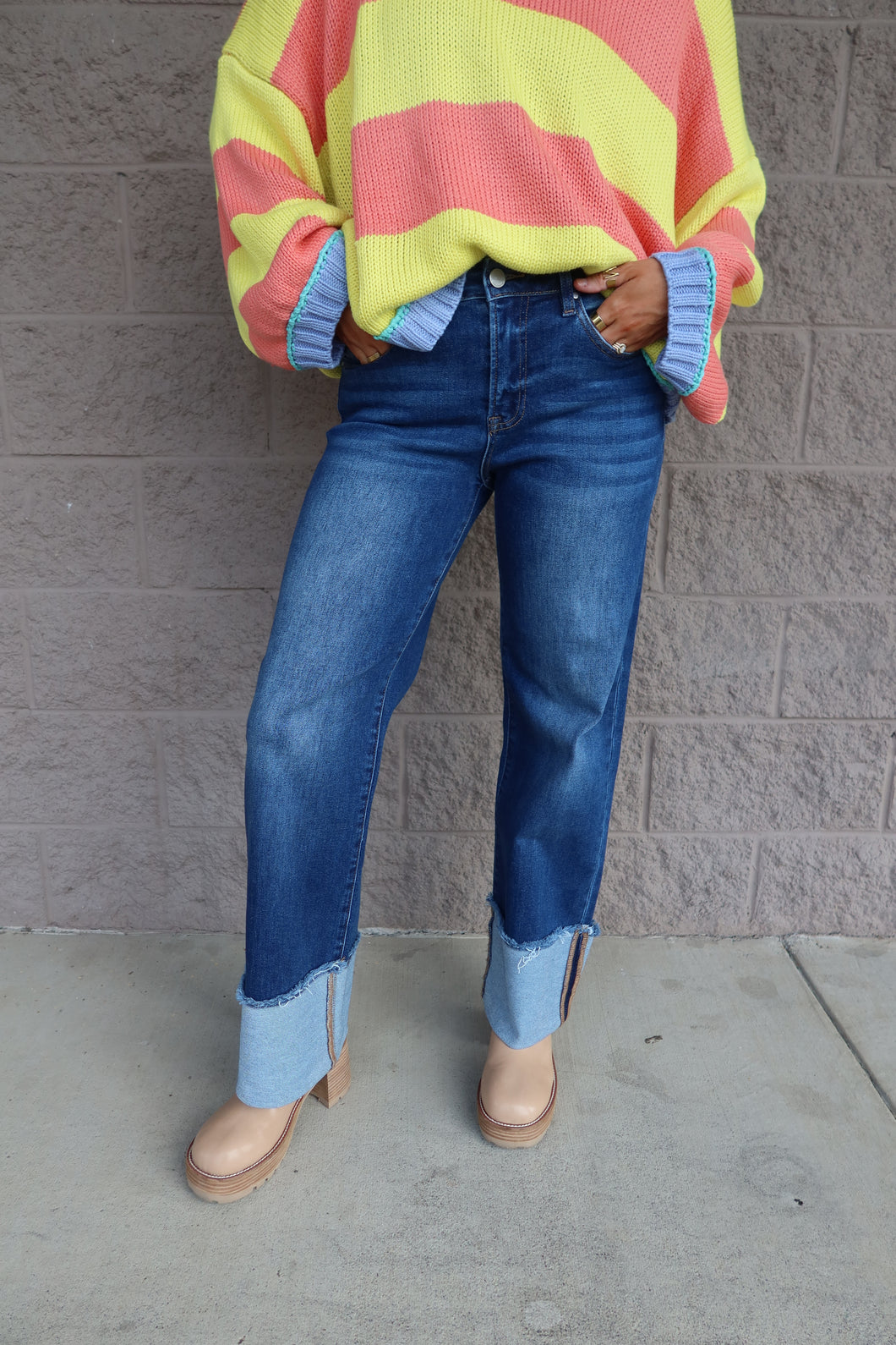 Mid Rise Crop Wide Cuffed Jeans