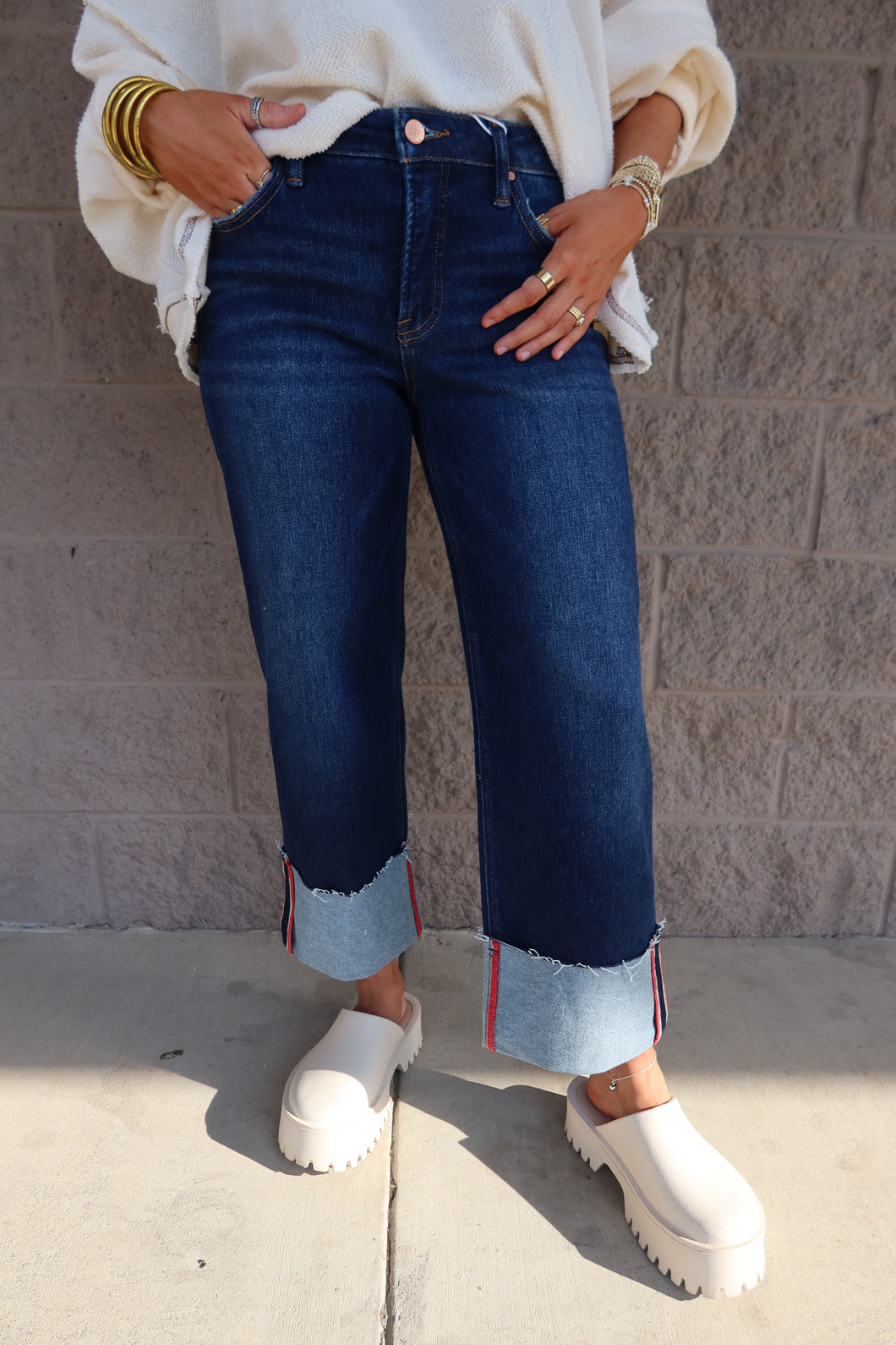 Tummy Control Mid Rise Crop Wide Cuffed Jeans