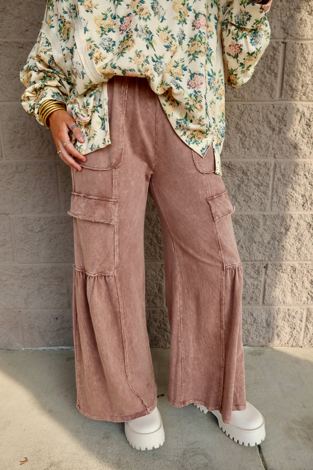 Mineral Washed Ruffle Cargo Flare Pants