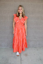 Load image into Gallery viewer, Striped Ruffle-Sleeve Tiered Cotton Midi Dress
