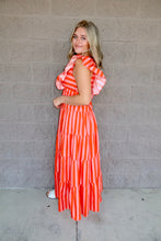 Load image into Gallery viewer, Striped Ruffle-Sleeve Tiered Cotton Midi Dress
