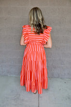Load image into Gallery viewer, Striped Ruffle-Sleeve Tiered Cotton Midi Dress
