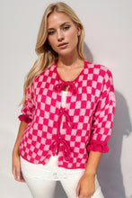 Load image into Gallery viewer, Double Take Tied Checkered Dropped Shoulder Flounce Sleeve Cardigan
