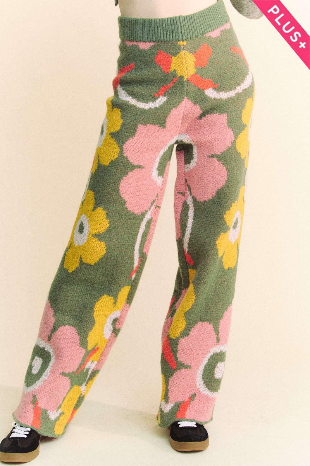 Plus Floral Print Cozy Soft Full Casual Knit Pant