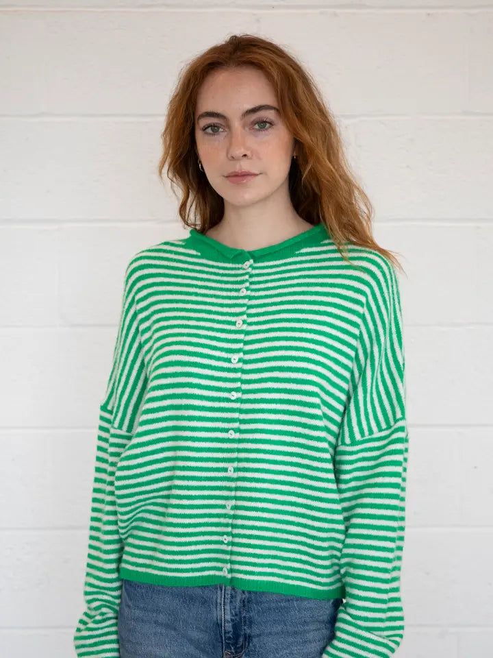 Mini Stripe Cardigan (Green & White)