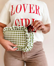 Load image into Gallery viewer, Gingham Ruffle Zipper Pouch Embroidery Friendly Cosmetic Bag
